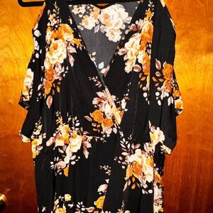 Floral Black and Orange Wrap Dress